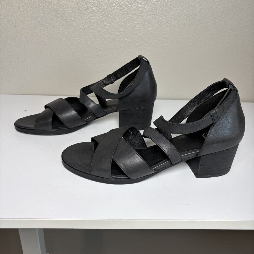 Eileen Fisher Womens sz 9.5 Shoes Kirby Black Leather Strappy Block heels